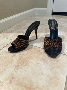 Saint Laurent Leopard-Print Open Toe Mules in Brown and Black